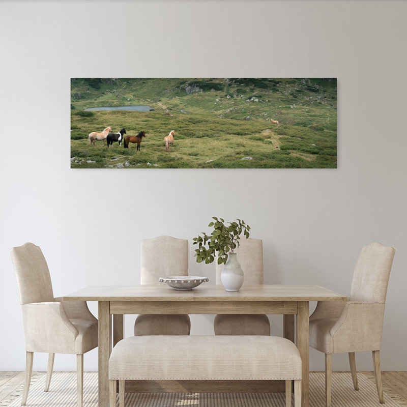 «Wild Horses Mountain Lake Peaceful Serene Tranquil Horse Landscape Mountain», art mural, H 20 po x l 60 po