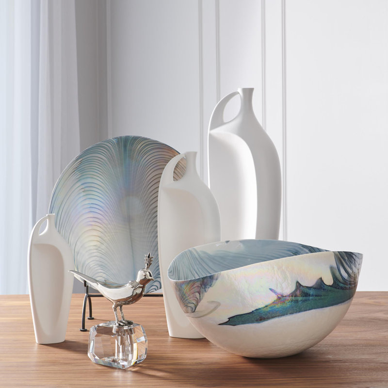 Ivory Turquoise Feather Swirl Oval Bowl-Lg