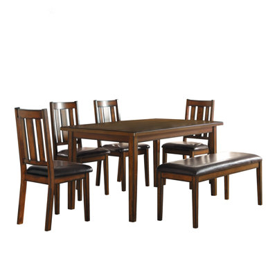 6Pc Dining Set With Table, Bench, And 4 Chairs, Black Faux Leather Upholstered Seats For Elegant Dining Experience, Dining Table Set