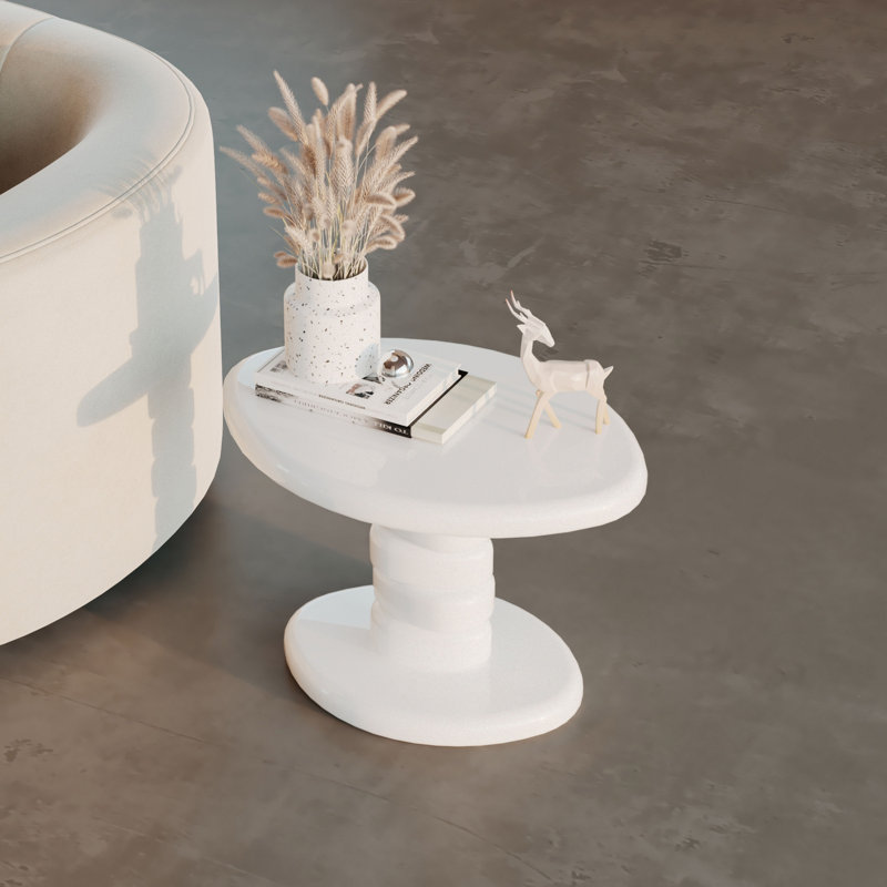 22.6"L Modern Stacked Cobblestone End Table – High Gloss Finish, Composite Wood, Sculptural Design, White