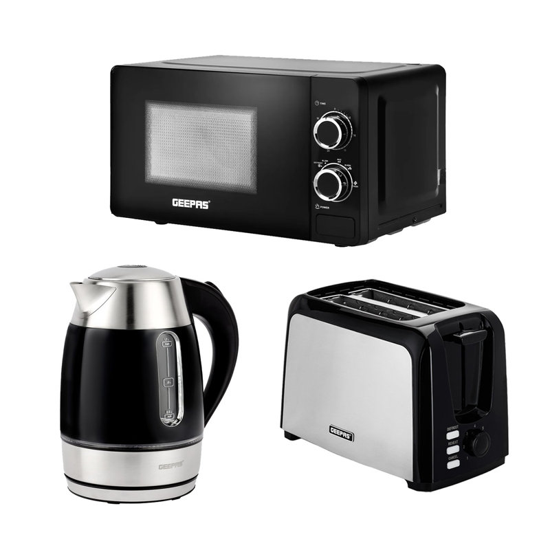 GEEPAS 2 Slice Bread Toaster, 1.7L Illuminating Electric Kettle & 20L 700W Solo Manual Microwave Oven Combo Set | 750W Toaster, 7 Level Browning Control, 2200W Rapid Boil Cordless Jug Kettle