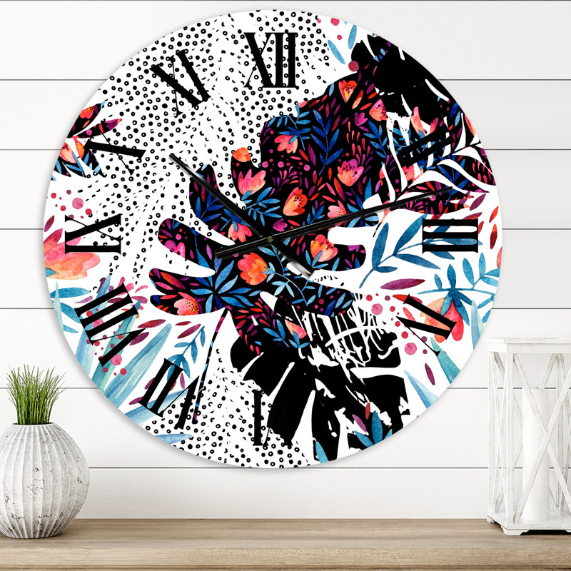 Tropical Floral Patchwork I - Horloge murale Tropical, Moyen