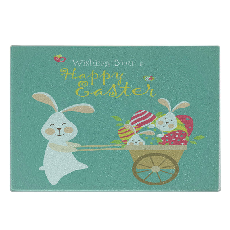 Ambesonne Easter Tempered Glass Cutting Board Smiling Bunny Eggs Multicolor