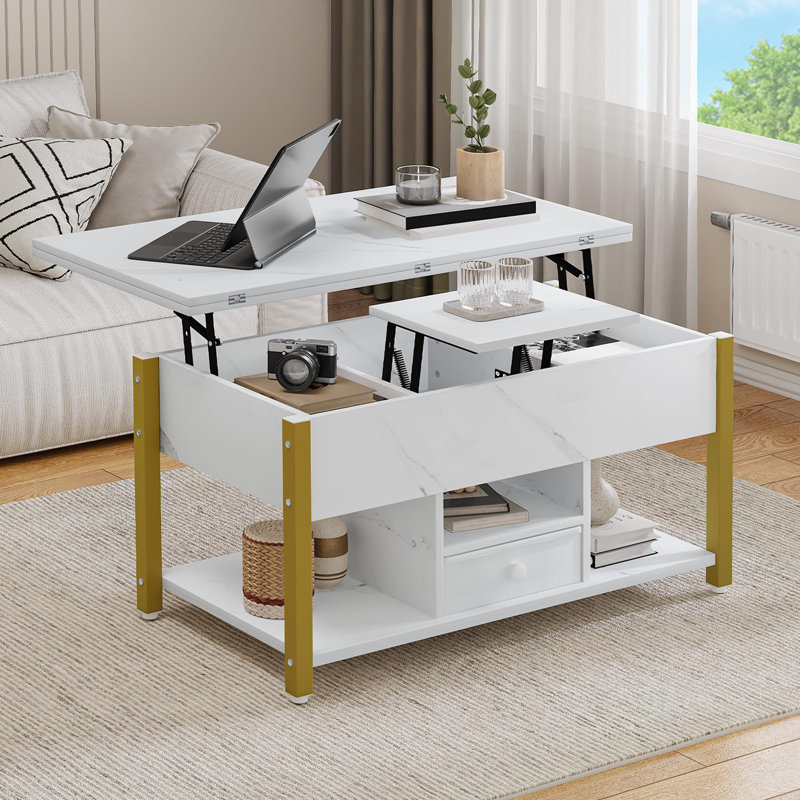 Afeez Lift Top Coffee Table with Storage，Extendable Coffee Table Centre Table for Living Room, Gold, White