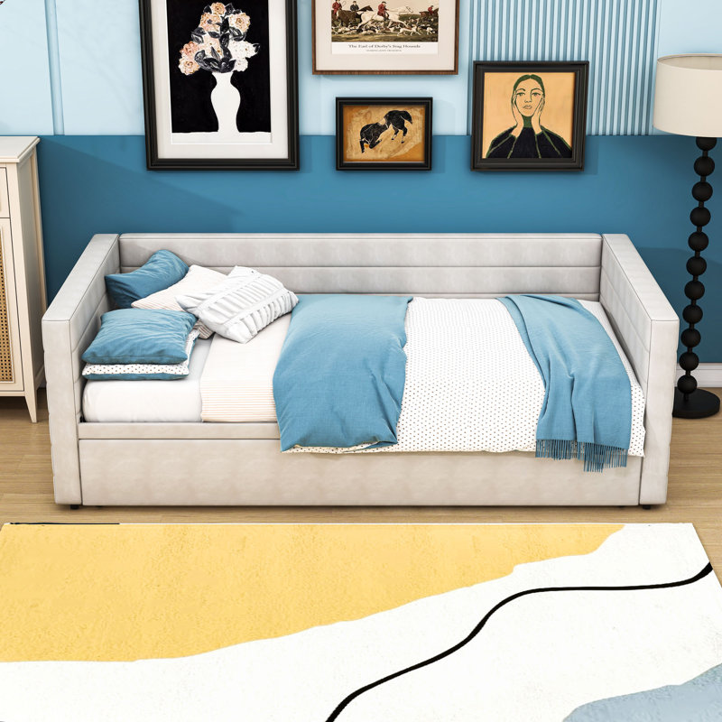 Lit de jour simple en chenille avec lit gigogne double extensible, Beige