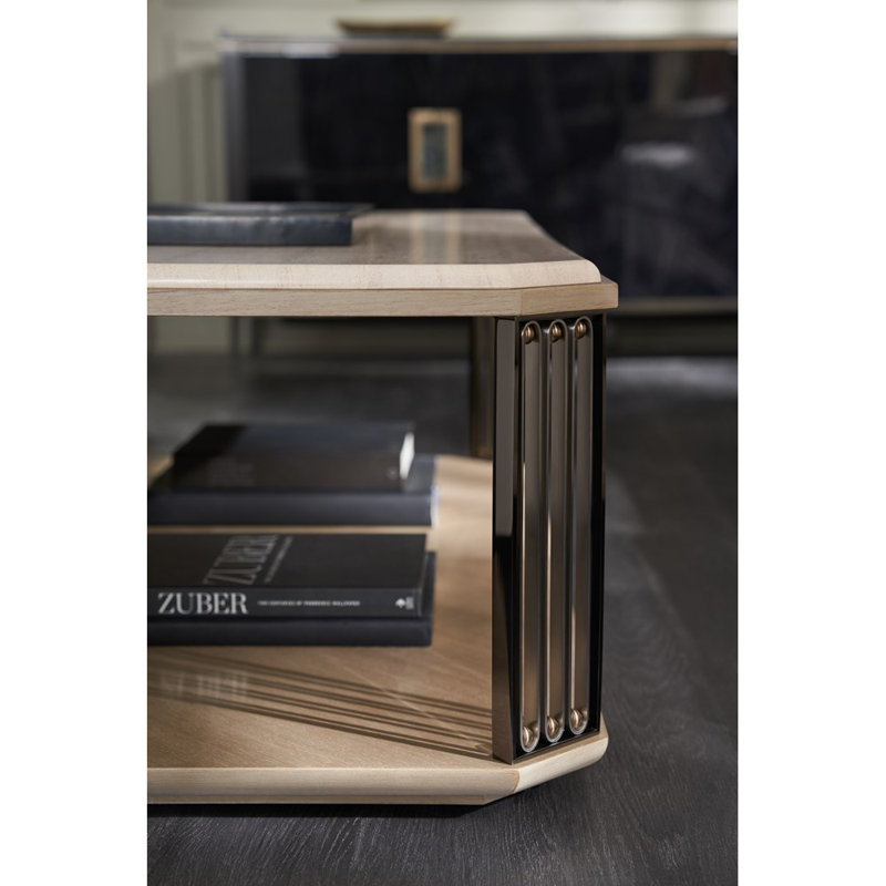 Beige and Gold Rectangular Marble and Wood Cocktail Table