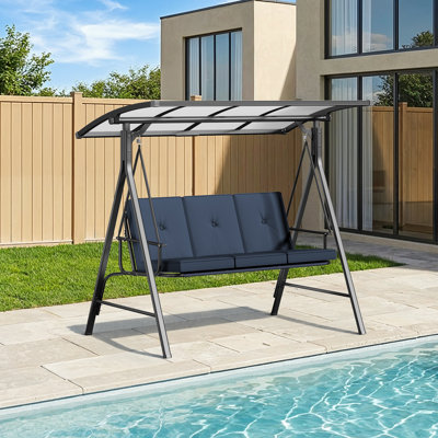 Balancelle de patio bleu marine à 3 places avec auvent réglable pour parasol, lit de balançoire d'extérieur convertible pour la cour, le porche et la piscine