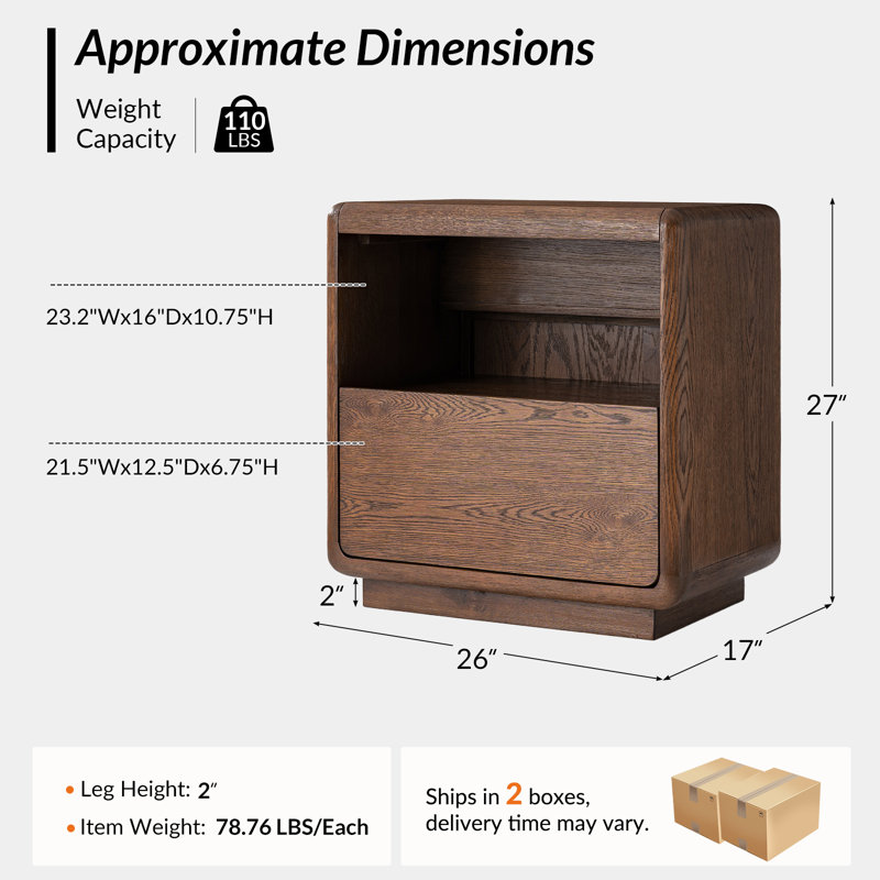 Table de chevet en placage de chêne moderne Mid-Century l 26 po avec ports de chargement et tiroir caché Allegan, Noyer