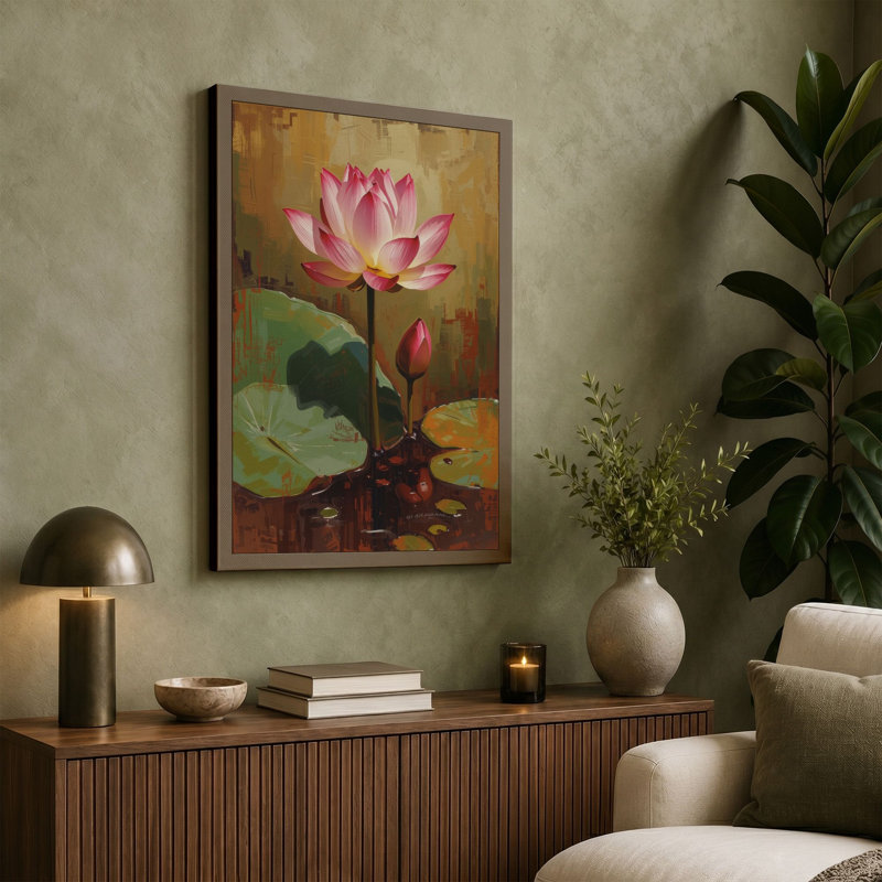 Lotus in Still Water Botanical 1 Piece Wrapped Canvas Wall Art, 18x12 - 45.7 x 30.5 cm, Ochre Border