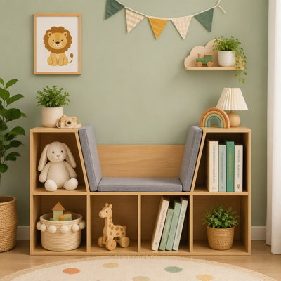 Kids 6-Cubby Bookcase with Reading Nook and Cushion, Multi-Purpose Storage Organizer Bench, Natural