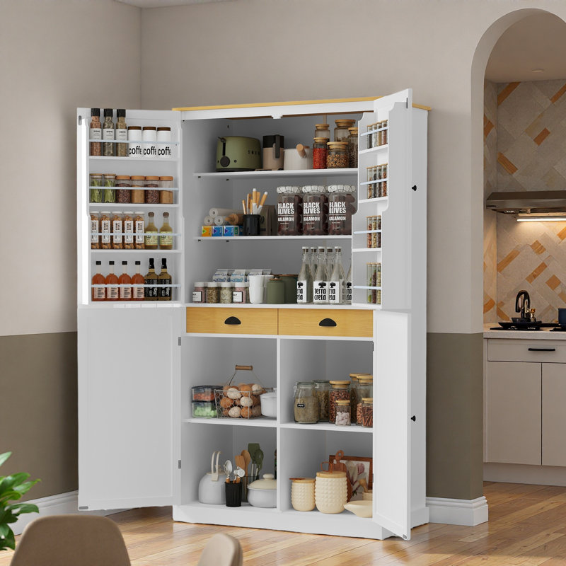 Garde-manger autoportant avec 2 tiroirs, 2 tablettes réglables et 8 tablettes de porte, Blanc