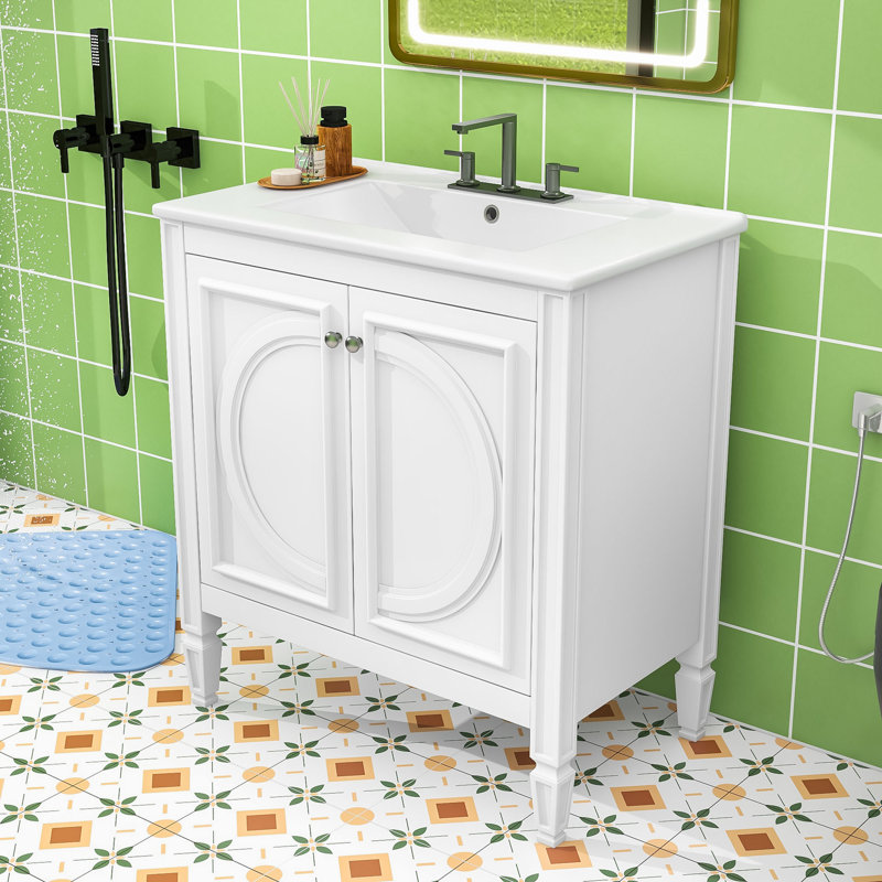 Meuble-lavabo autoportant avec lavabo lisse et tiroir fonctionnel, Blanc