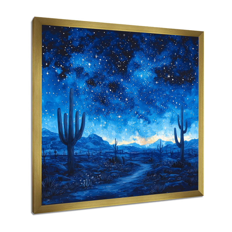 Markcus cactus sous le désert, étoiles bleues I - cactus, H 16 po x l 16 po, Doré, Picture Framed