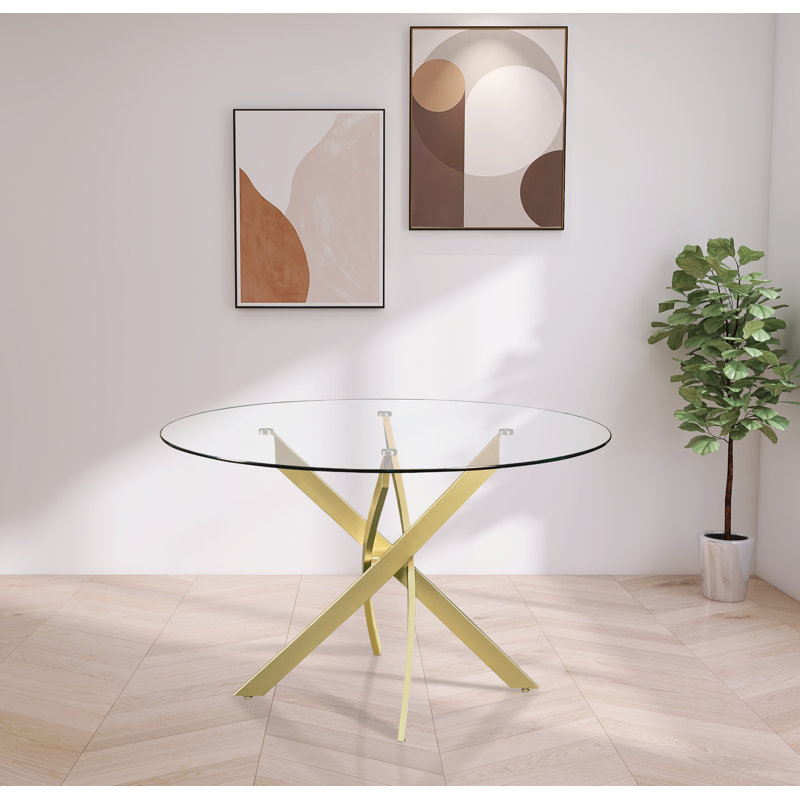 Izaih Round Glass Top Metal Base Dining Table, Gold