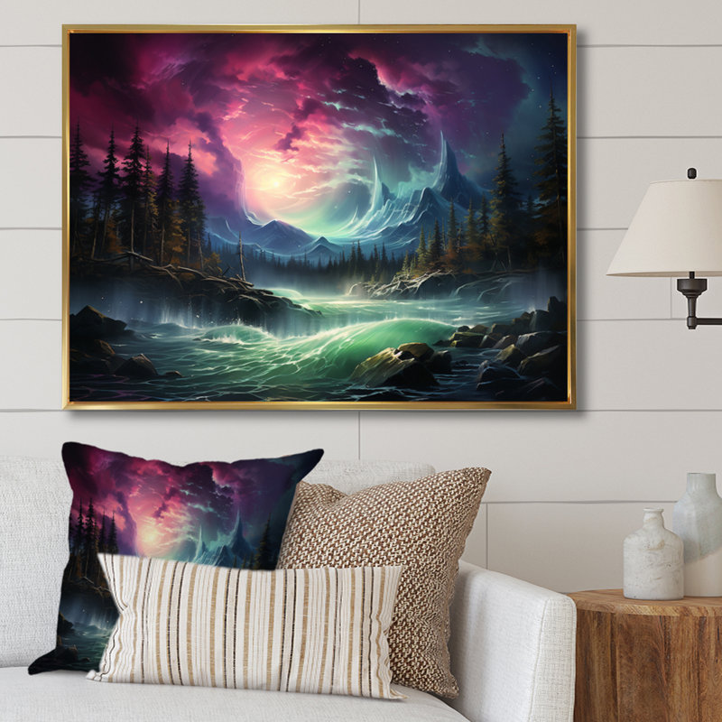Northern Lights Aurora Cascade - Landscapes Canvas Prints, H 30 po x l 40 po x P 1,5 po, Cadre flottant doré