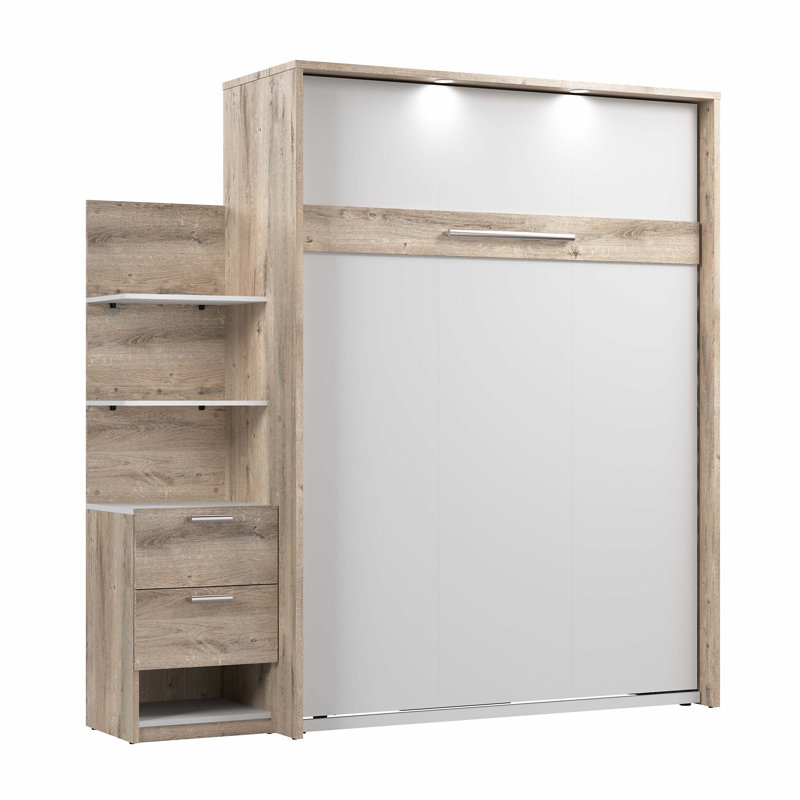 Lit escamotable avec rangement et table de chevet Osterman, Grand, Brun rustique / Blanc