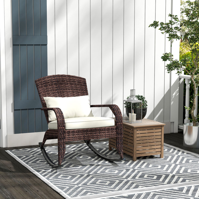 Outdoor Wicker Adirondack Rocking Chair, Patio Rattan Rocker Chair With High Back, Seat Cushion, And Pillow For Garden, Porch, Balcony