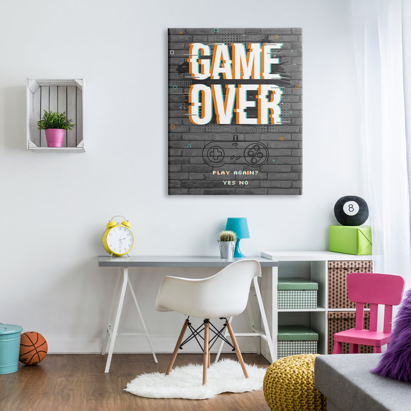 Game Over Gamer, phrase rétro - contrôleur - brique - art textuel, H 48 po x l 36 po, Toile tendue