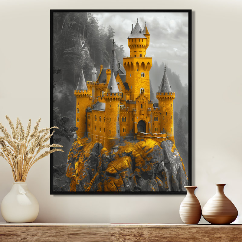 Monochromes de château forteresse en montagne II - impression d'art mural châteaux, Toile avec cadre flottant noir