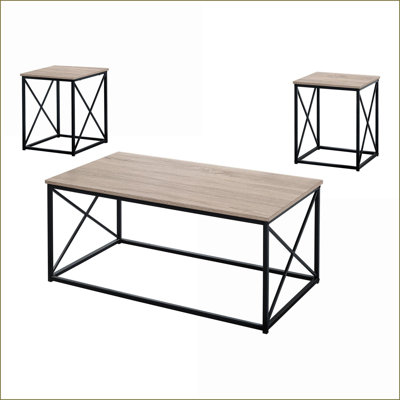 Table basse contemporaine en stratifié de chêne délavé, pieds en métal noir avec tiroir de rangement