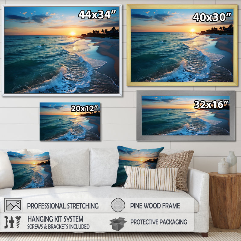 Tranquil Shores Sunset Beach Horizon II - art mural plage côtière, Cadre flottant blanc, H 24 po x l 32 po x P 1 po