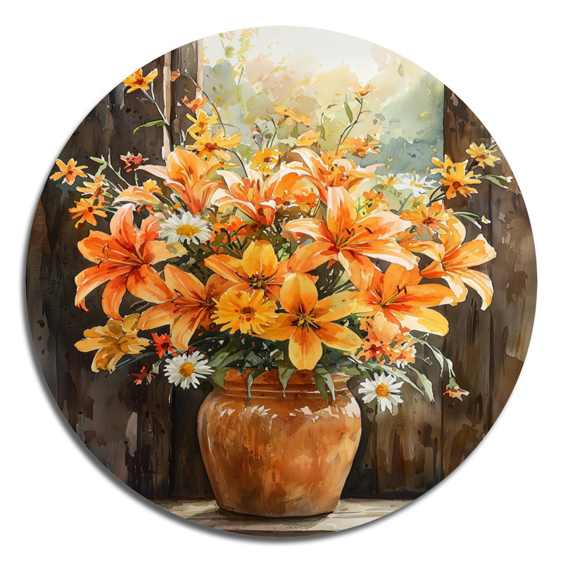 «Golden Hour Bloom of Lily Flowers», impression murale ronde sur métal lys, H 29 po x l 29 po