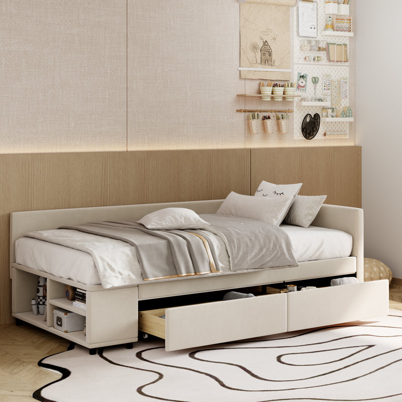  Twin Size L-Shaped Upholstered Platform Bed with Built-In Storage Compartments and Stylish Design, Beige, Beige