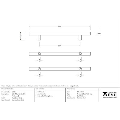Aged Brass (316) 1.2M T Bar Handle B2B 32Mm