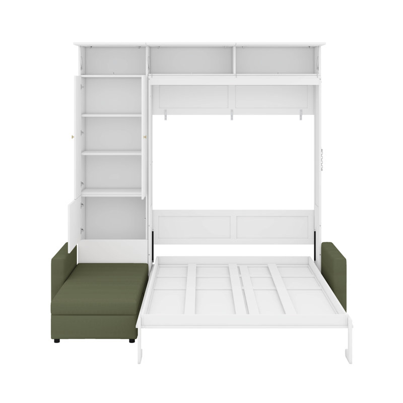 Grand lit escamotable mural avec canapé et tablettes, Blanc/vert