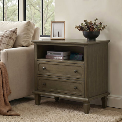 Amberlyn 28.2" W Traditional 2-Drawer End Table with Charging Station and Solid Wood Legs and Open Shelf