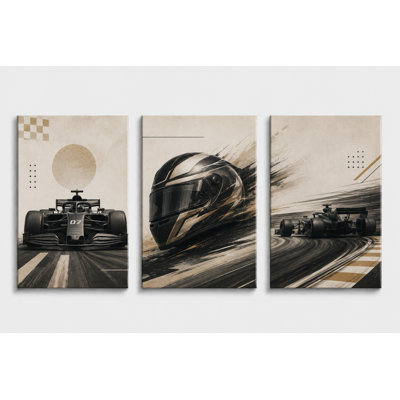 Grand ensemble de 3 impressions sur toile de formule course, décor de casque de voiture de course pour salle de jeu, impression sur toile 16 x 24 pouces - prête à être accrochée