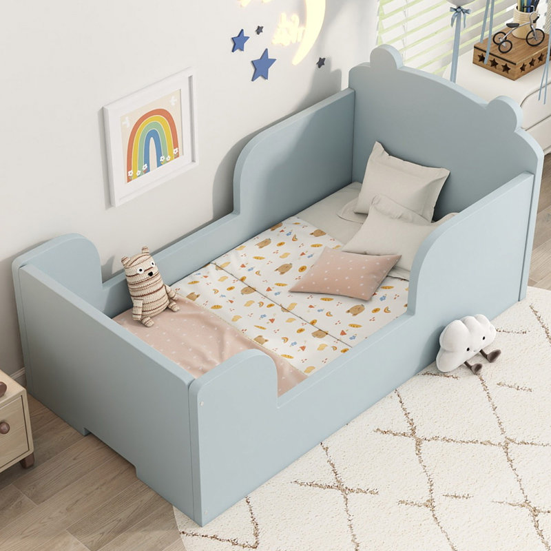Lit de plancher pour enfants avec conception d'ours - Lit de bébé pour tout-petits avec rails de sécurité pour les enfants de 3 à 6 ans