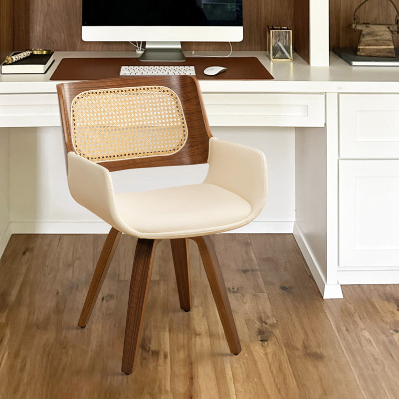 Faux Leather and Rattan Back Swivel Office Chair , Beige