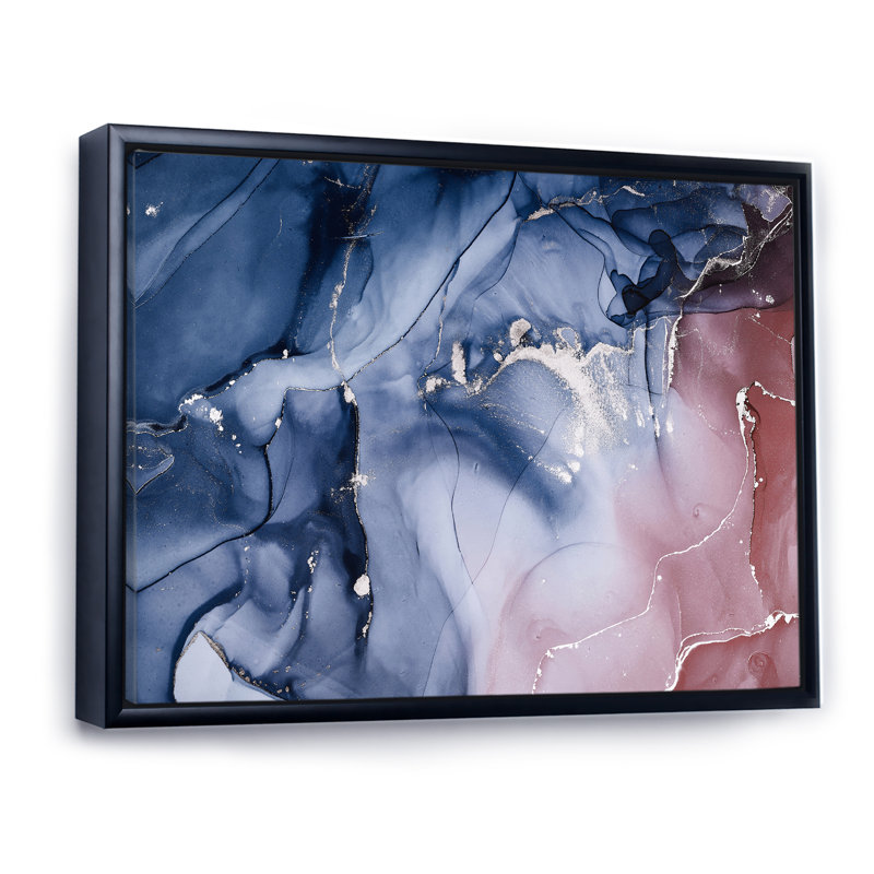 «Blue and Pink Marble Ink Clouds V», peinture sur toile, H 34 po x l 44 po x P 1,5 po, Cadre flottant noir