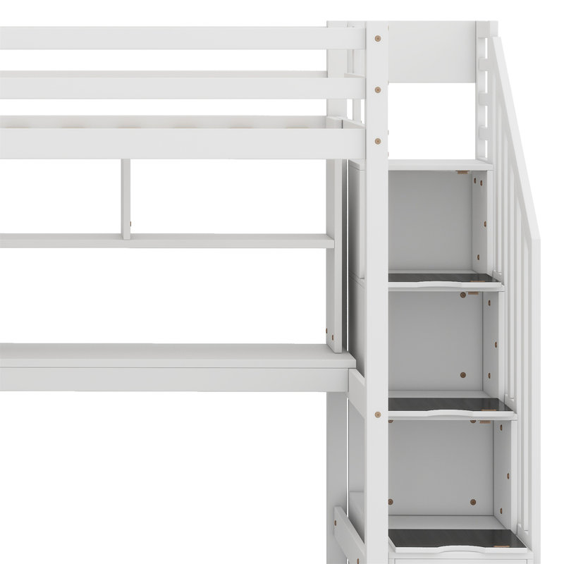 Lit mezzanine avec bureau intégré et escalier, avec compartiments de rangement et tablettes, Blanc