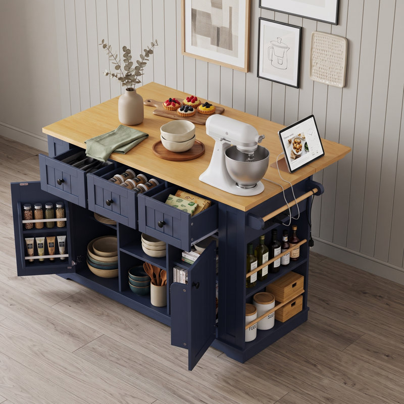 Chariot pour îlot de cuisine roulant avec abattant, prise de courant, 3 tiroirs, tablettes réglables et supports de porte