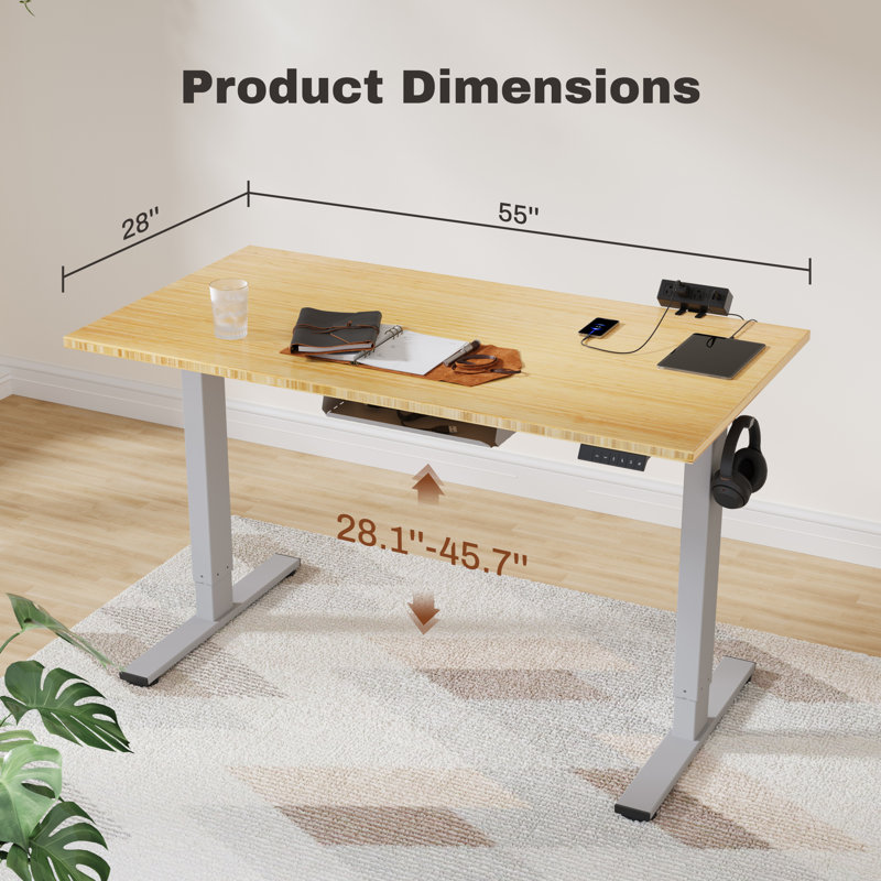 Bureau debout à hauteur ajustable Eric, bureau 100% bambou, H 45,7 po x l 55 po x P 28 po, gris