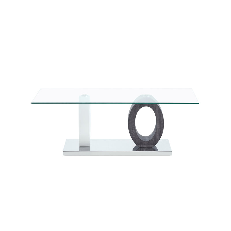 Table basse en papier blanc / gris avec plateau en verre et détails en grain de bois, base argentée, solide et fabrication, 47,95 po Profond, 24,25 po de largeur, 16,45 po de hauteur, 61,1 lb de poids et de finition, profondeur, largeur, hauteur,