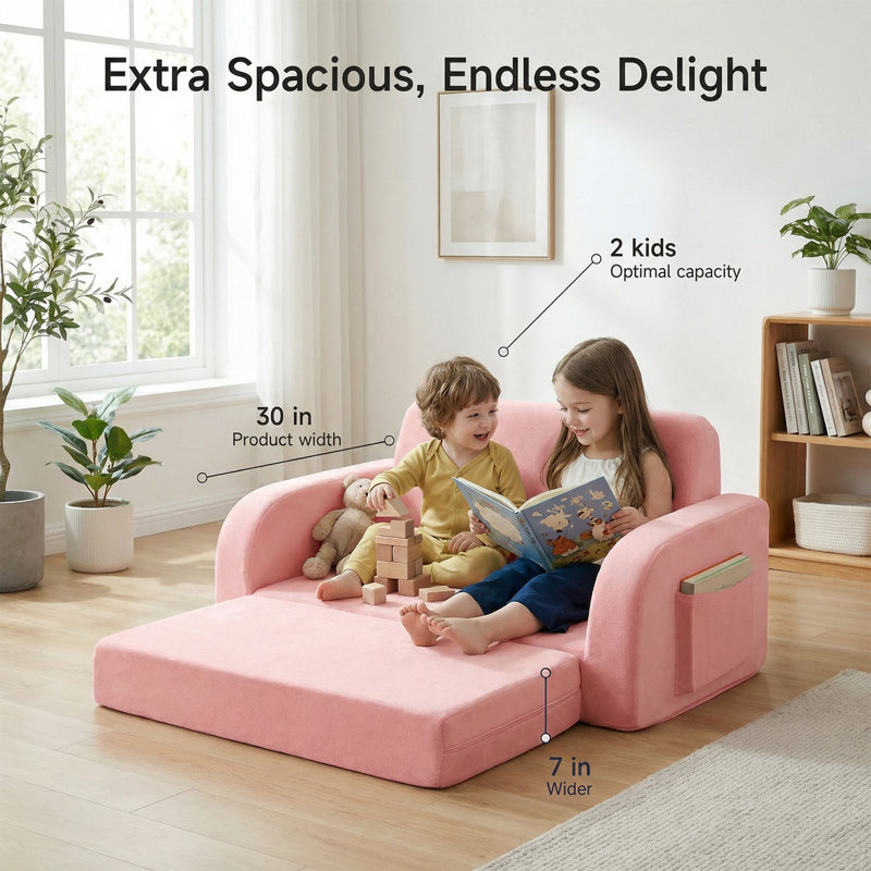 3-in-1 Convertible Kids Couch, Flip Open Lounger & Sofa Bed, Machine-Washable, Pink