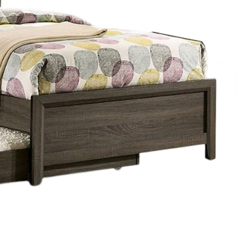 Lit Meli, revêtement en tissu touffeté, bois massif gris foncé, Simple
