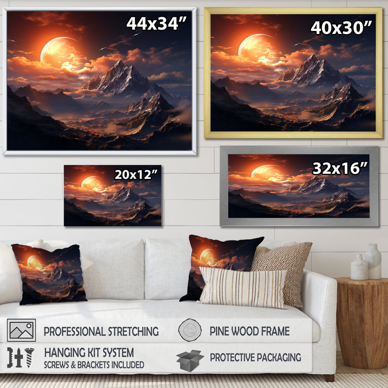 Paysage lunaire de montagne VI - Art mural paysages spatiaux, H 24 po x l 32 po x P 1 po, Cadre flottant noir