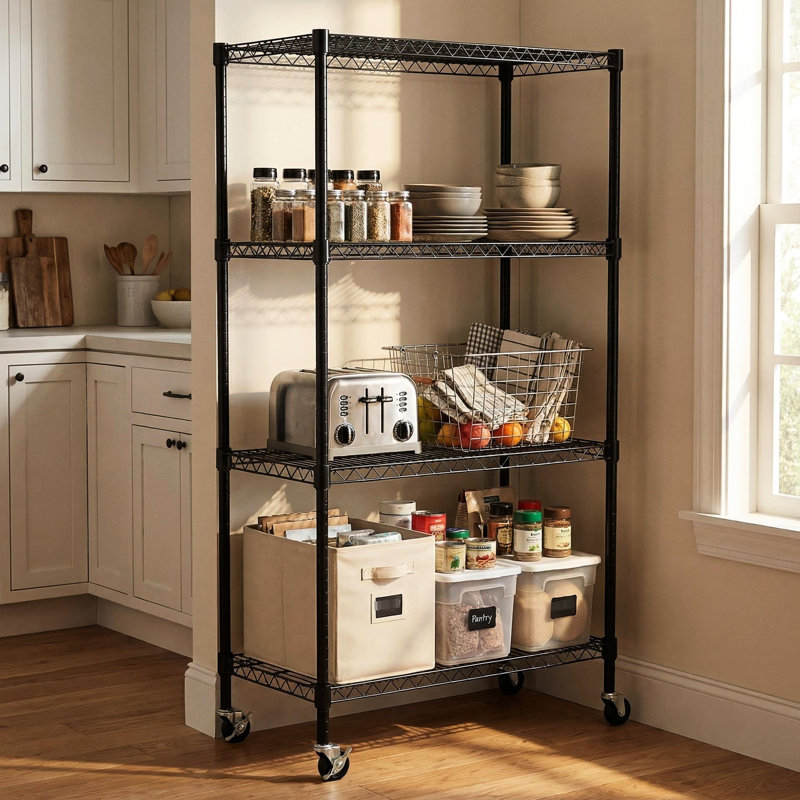 Étagère robuste à 4 fils métalliques - Résistante à la rouille - Idéale pour la cuisine, le garage ou le garde-manger. Dimensions : 90 cm (P) x 46 cm (L) x 160 cm (H). Structure entièrement en fer. 4 tablettes ouvertes, pivotantes avec verrous. Unités réglables. Convient également pour la salle de bain. Épaisseur : 25 mm.