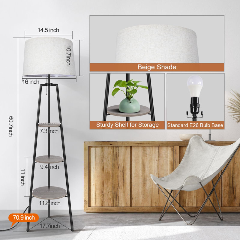 Lampe trépied moderne avec tablettes à 3 niveaux et température de couleur réglable, Noir / gris