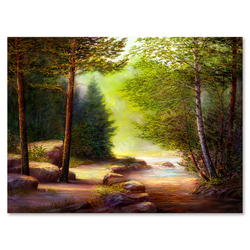 «Morning Sunlight Through The Spring Trees», peinture sur toile, H 12 po x l 20 po x p 1 po, Toile tendue