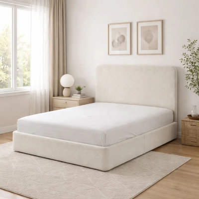 Welz Queen Size Bed With Tall Headboard, Pearl White Chenille Upholstery