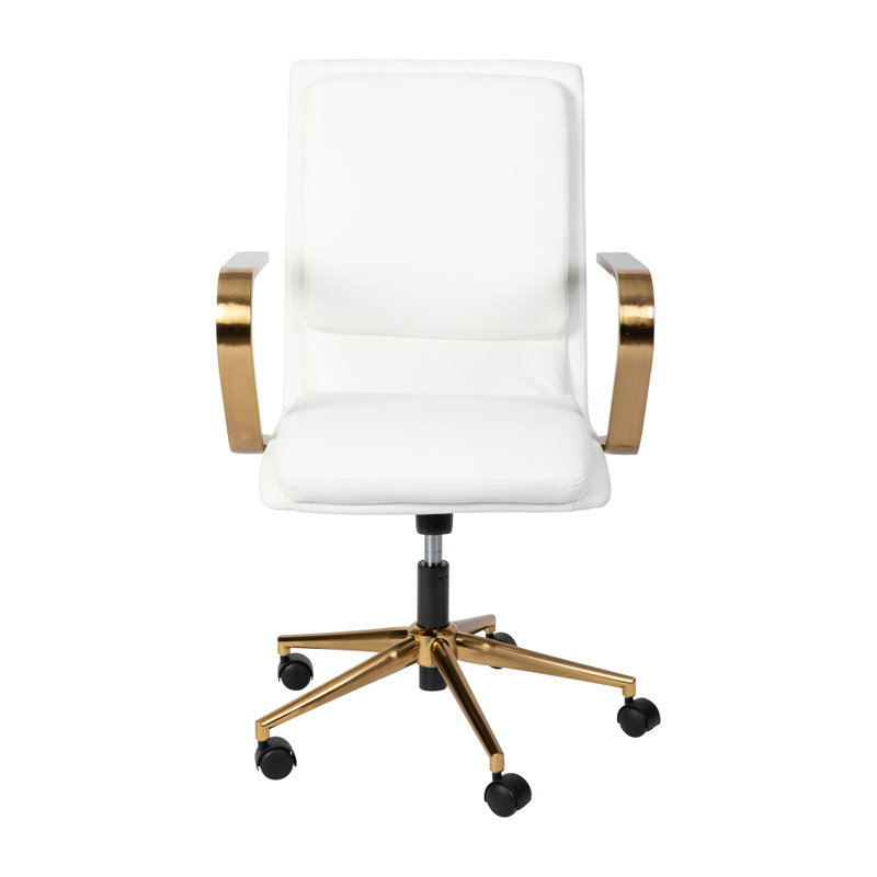 Fauteuil de direction pivotant rembourré à dossier moyen avec accoudoirs, Blanc, Doré