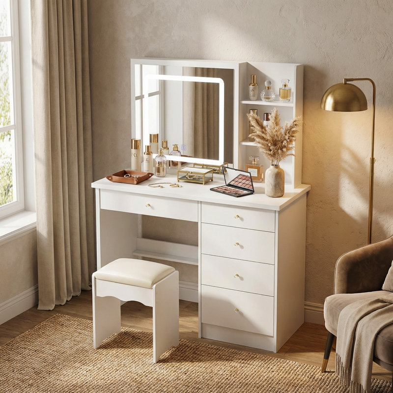 Ensemble de coiffeuse avec miroir coulissant et lumières, Blanc