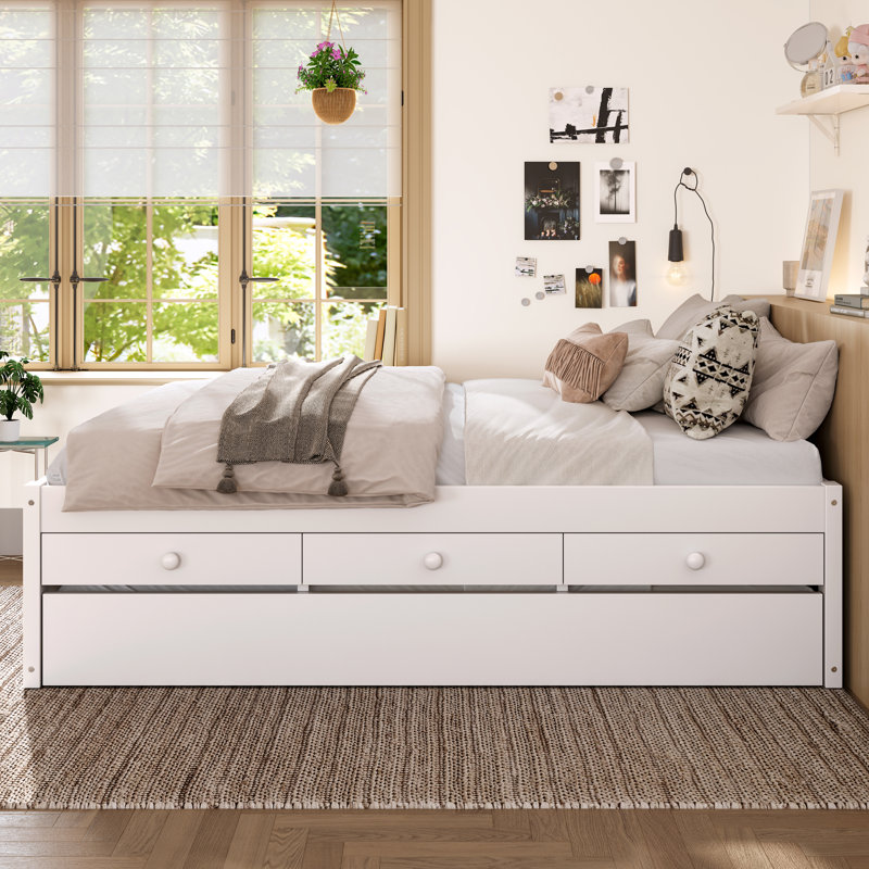 Full Platform Bed with Pull-Out Trundle, 2 Storage Drawers, Solid Wood Frame with Built-in Power Strip,White, White, Full