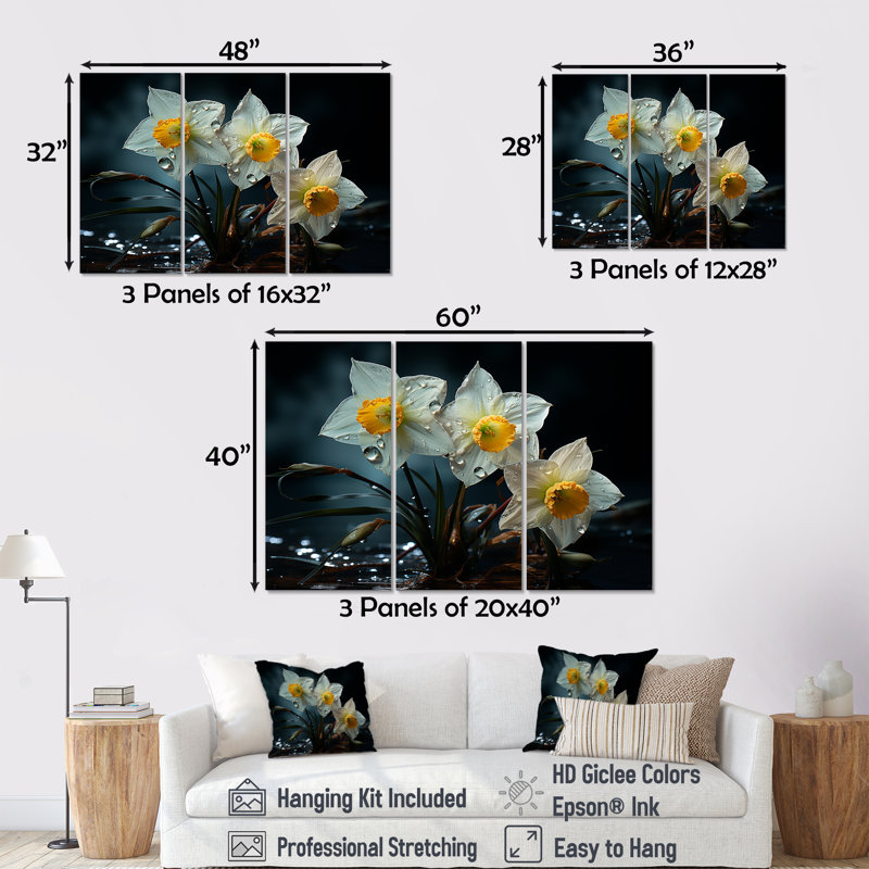 Daffy Daffodils At Sunrise I - Ensemble de décorations murales jonquilles, H 32 po x l 48 po x P 1 po