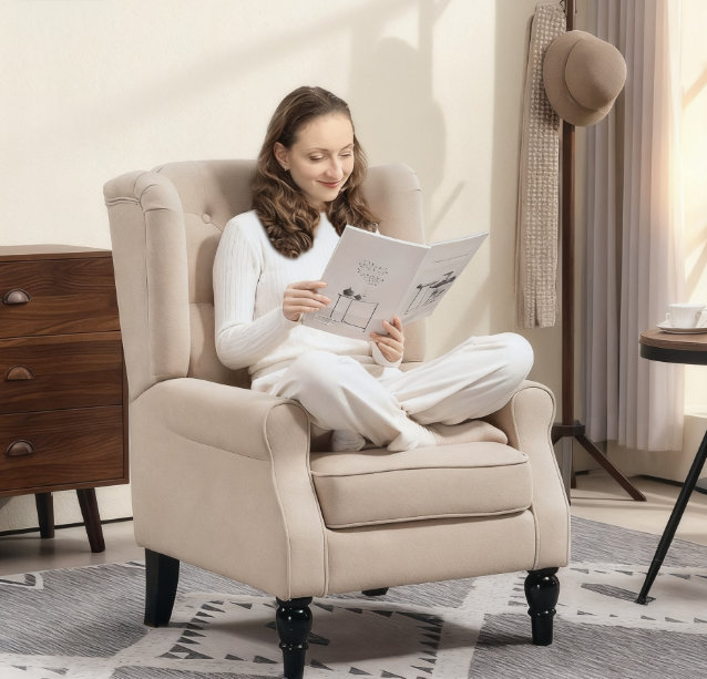 Button-Tufted Lounge Chair,Beige